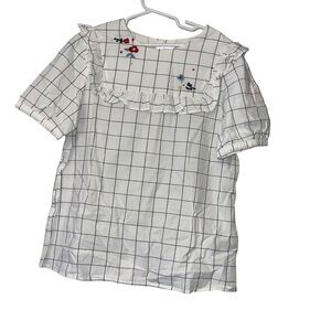 Bonpoint girls navy white Check floral ruffle blouse Sz 12 button back